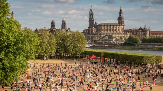 Yoga im Park beim Palais Sommer. Foto: Greg Snell (DML-BY) -- Yoga in the park at Palais Sommer. Photo: Greg Snell (DML-BY)